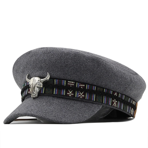 Women Military Cap Vintage Flat Top Newsboy Hat Woolen Polyester With Bull Skull Metal Ornament And Ethnic Woven Band Casual