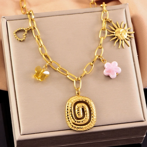 Collar Bohemio de Acero Inoxidable con Multi Dijes para Mujer Chapado en Oro Corazón Mariposa Flor Colgante Perla Artificial Joyería de Moda Regalo
