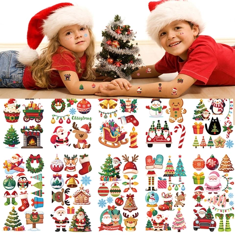 Adesivi Per Tatuaggi Temporanei Di Natale Per Bambini Impermeabile Cartone Animato Babbo Natale Renna Pupazzo Di Neve Arte Del Corpo Festa
