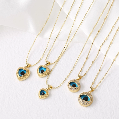 Evil Eye Heart Round Pendant Necklace 18K Gold Plated Copper Micro Inlaid Zirconia Boho Chic Jewelry Gift For Women