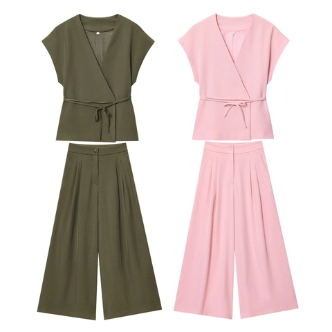 Women Outfits Polyester V Neck Wrap Sleeveless Tie Waist Top And High Waist Wide Leg Pants Solid Color Casual Elegant