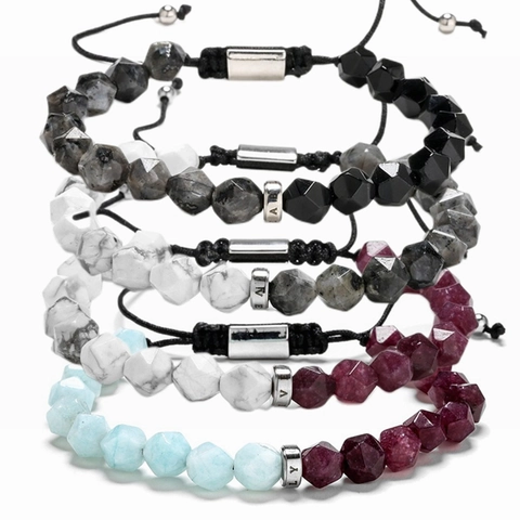 Faceted Natural Stone Beaded Bracelet Handmade Braided Adjustable Rope Jewelry With Metal Letter Bead For Men