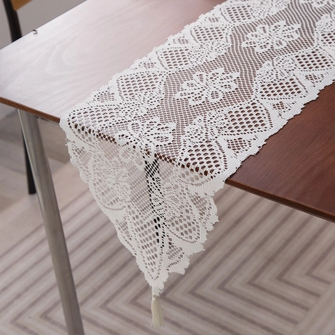 American Style Hollow Out Lace Table Runner With Tassels Vintage Floral Crochet Table Decor For Dining Room Wedding Party