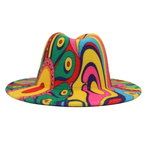 Colorful Graffiti Wool Felt Fedora Hat Wide Brim Abstract Pop Art Stage Performance Jazz Hat