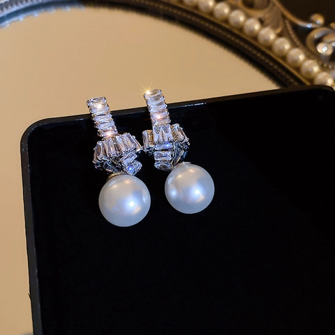 Pendientes Colgantes De Nudo Circonita Con Poste De Plata De Ley 925 Perla Artificial De Imitación Geométrica Estilo Francés Mujer
