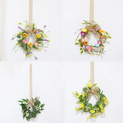 Artificial Flower Wreath Easter Garland Eggs Burlap Ribbon Bow Eucalyptus Berries Home Wall Door Decor Spring Party Floral