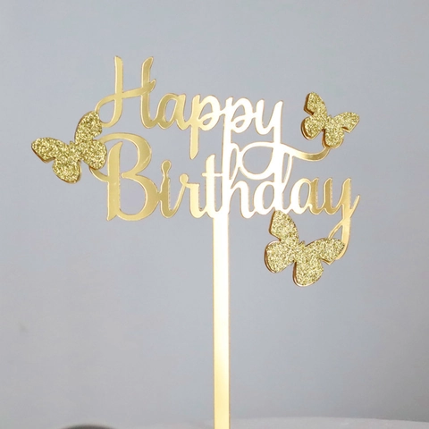 Happy Birthday Cake Topper Acrylic Butterfly Decoration For Birthday Party Mirror Gold Gradient Colorful Dessert Accessory