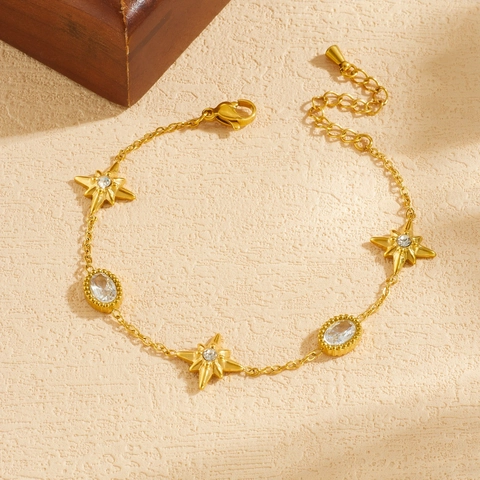 Exquisite Stainless Steel Gold Plated Bracelet For Women Featuring Dainty Chain With Eight Pointed Star And Oval Zirconia