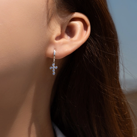 925 Sterling Silver Cross Hoop Earrings For Women With Round Blue Opal Pendant Minimalist Elegant Fashion Jewelry
