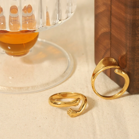 Hugging Hands Open Ring 18K Gold Plated Stainless Steel Adjustable Minimalist Irregular Finger Jewelry For Women