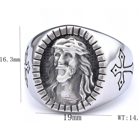 Anello Rilievo Ritratto Gesù Cristo Vintage Acciaio Inossidabile 316L Ovale Religioso Cristiano Croce Gioielli Punk Uomo Donna