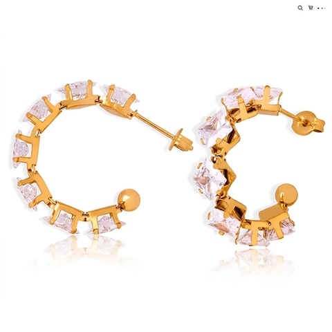 C Shaped Hoop Earrings Stainless Steel With 18K Gold Plated Square Cubic Zirconia Inlay Sparkling Luxury Jewelry For Women