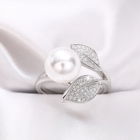 Eleganter Blatt Künstliche Perlenring Kupfer Zirkon Eingelegt Natur Inspiriert Schmuck Für Frauen Hochzeit Verlobung Party Hochwertig
