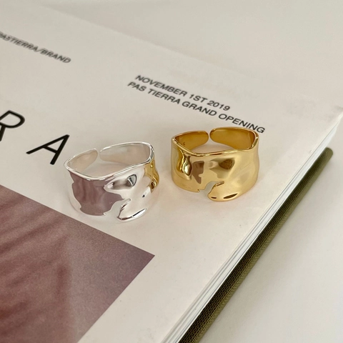 Irregular Smooth Wave Ring 925 Sterling Silver Liquid Metal Minimalist Adjustable Open Ring For Women