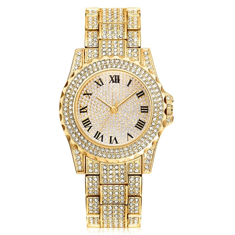 Luxury Full Rhinestone Women Quartz Watch Fashion Iced Out Roman Numeral Dial Alloy Link Strap Analog Wristwatch