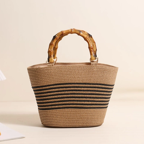 Bolso De Mano De Paja Tejida Con Asa De Bambú Bolso De Playa De Rayas Vintage Para Mujer Bolso De Vacaciones De Verano