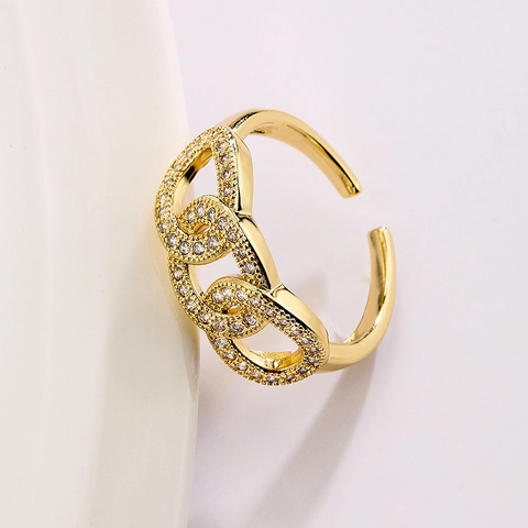 Light Luxury Leaf Branch Geometric Open Ring Gold Plated Copper Cubic Zirconia Micro Paved Adjustable Jewelry For Women