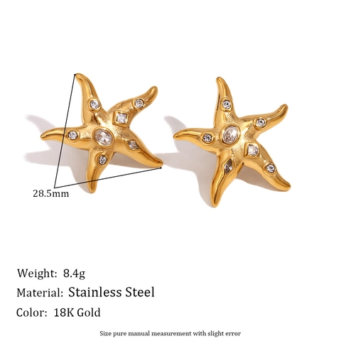 Starfish Stud Earrings 18K Gold Plated Stainless Steel Irregular Geometric Zircon Rhinestone Fashion Jewelry For Women