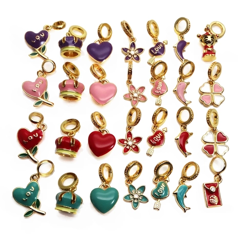 Enamel Copper Charms Large Hole Beads Heart Crown Flower Dolphin Clover For DIY Jewelry Making Bracelet Necklace