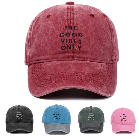 Washed Cotton Baseball Cap Retro Vintage THE GOOD VIBES ONLY Embroidery Sun Protection Adjustable Outdoor Hat