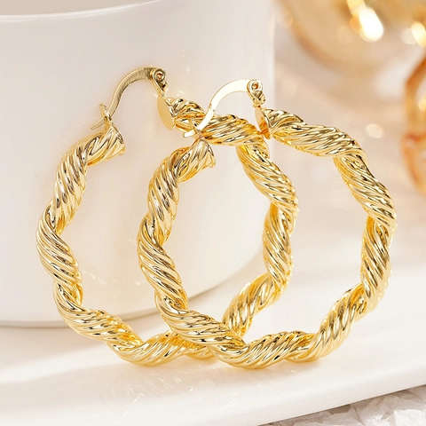 Orecchini A Cerchio In Rame Placcato Oro Design Corda Intrecciata Spirale Strutturata Grandi Tondi Gioielli Punk Retro