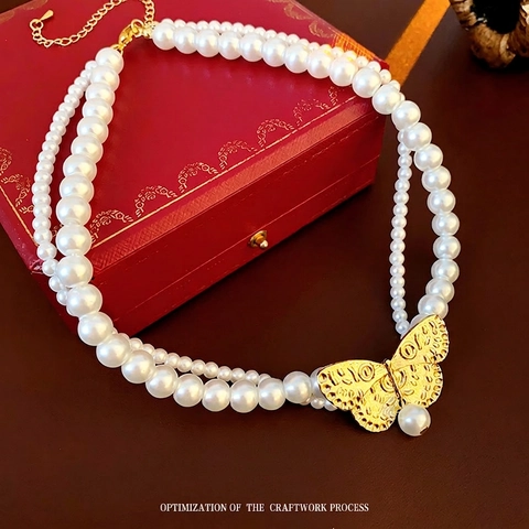 Layered Imitation Artificial Pearl Necklace With Alloy Butterfly Pendant French Vintage Elegant Clavicle Chain Jewelry For Women