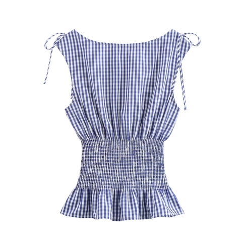 Damen Gingham Ärmellose Bluse Gesmokte Taille Schößchensaum Bindeschulter Retro Karo Sommer Oberteil Leicht
