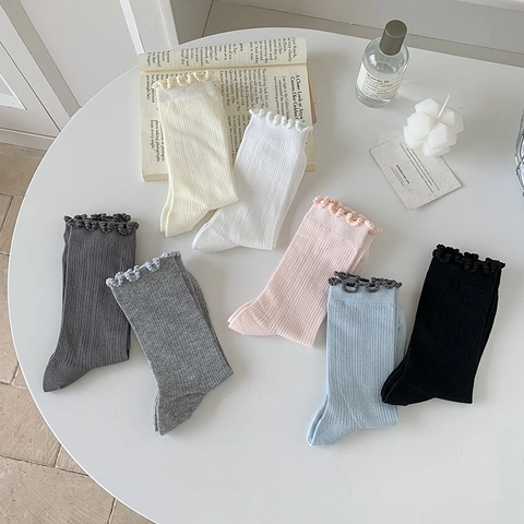 Women Mid-Calf Socks Cotton Ribbed Lettuce Edge Ruffle Trim Solid Color Breathable Casual Balletcore Style