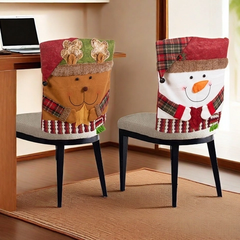 Christmas Chair Back Covers Santa Snowman Reindeer Plaid Cloth Felt Festive Dining Table Holiday Party Home Decoration