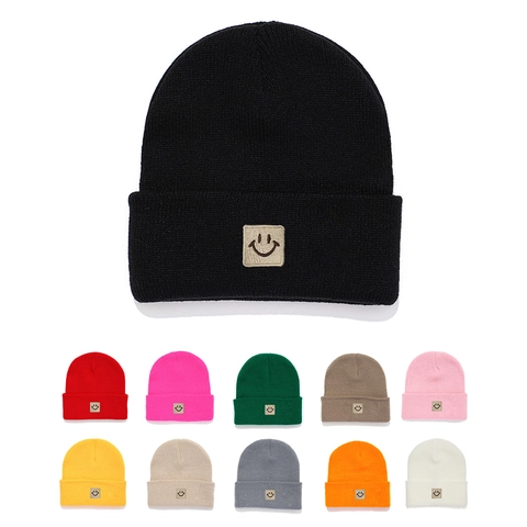Smiley Face Knitted Beanie Winter Hat Warm Windproof Cotton Blend For Kids Toddlers Solid Color