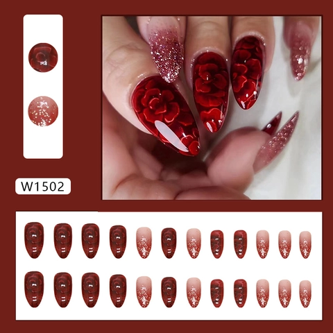 Almond Shape Press On Nails Red Gradient With 3D Rose Flower Embossed Gold Glitter Wearable Fake Nails For Women ABS