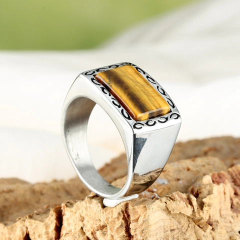 Anello A Sigillo Vintage Da Uomo In Acciaio Inossidabile Con Agata Nera Rettangolare O Pietra Occhio Di Tigre Lucido