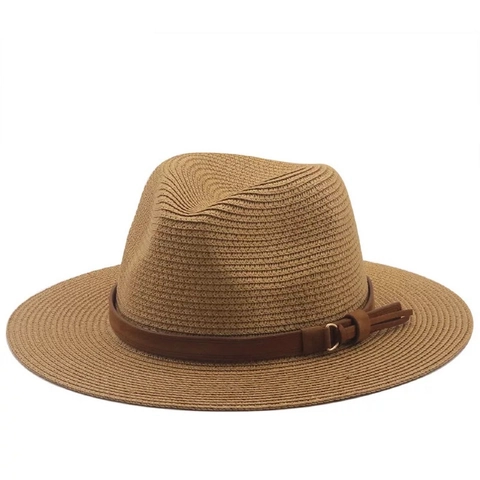 Classic Summer Straw Fedora Hat For Women Men Woven Beach Sun Hat With Faux Leather Band Metal Buckle Tassel Bohemian Style