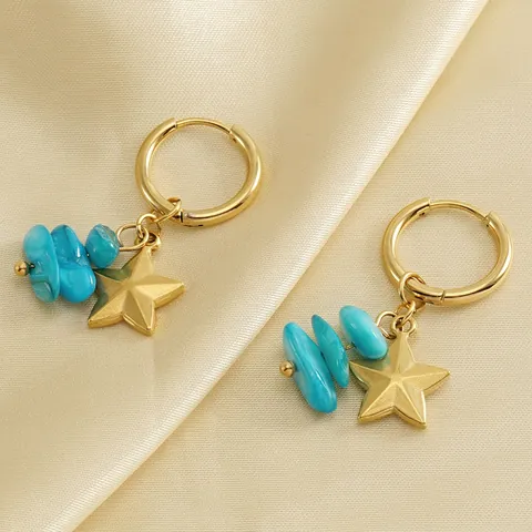 Boucles D'oreilles Créoles Étoile Acier Inoxydable Plaqué Or 18K Avec Pierre Turquoise Bleue Style Bohème