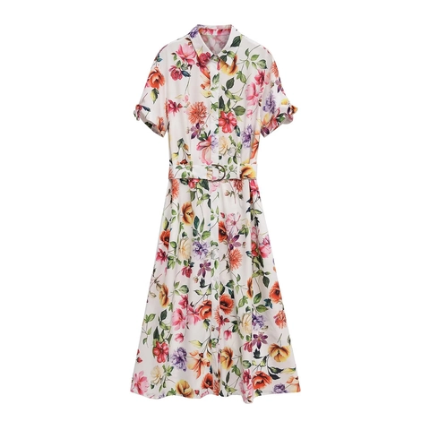 Blumenmuster Kurzarm Hemd Midi Kleid Mit Gürtel Revers Einreihig Elegant Sommer Mode Damen