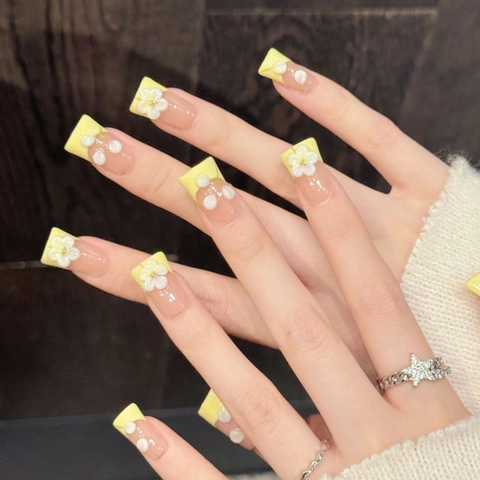 Uñas Postizas Press On Flor Blanca 3D Punta Francesa Amarilla Rosa Nude Color Contraste Largo Cuadrado Estilo Dulce