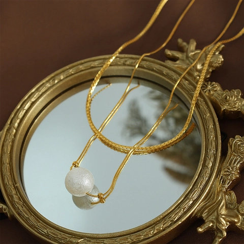 Titanium Steel Double Layer Necklace Artificial Pearl Pendant Gold Blade Chain Neck Jewelry For Women Fashion Commuter