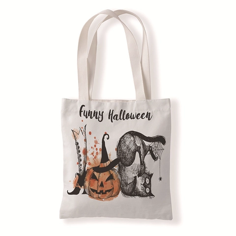 Bolso De Lona Con Estampado De Gato Y Calabaza De Halloween Bolsa De Compras Ecológica Bolso De Hombro De Algodón