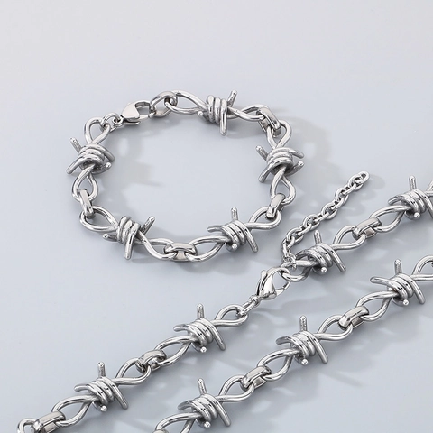 Stainless Steel Barbed Wire Necklace And Bracelet Punk Hip Hop Industrial Style Silver Color Jewelry For Men Women