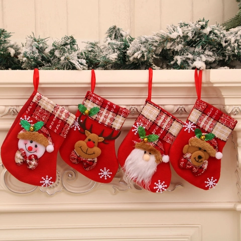 Calze Di Natale Feltro Flanella Babbo Natale Pupazzo Di Neve Renna Orso Polsino Scozzese Con Campanelli Arredo