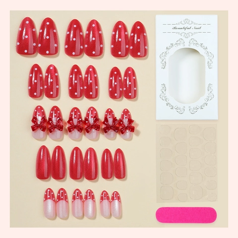 Rote Erdbeere Polka Dot Press On Nägel Mit 3D Schleife Mandelform Französisch Einfach Süß Maniküre Für Frauen