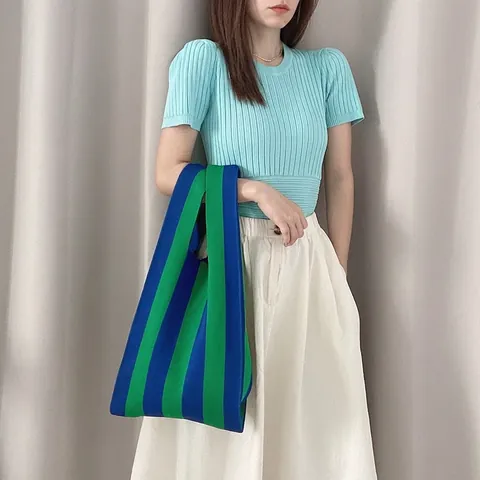 Striped Knit Tote Bag Contrast Color Polyester Shoulder Handbag Summer Fashion Casual Shopping For Women
