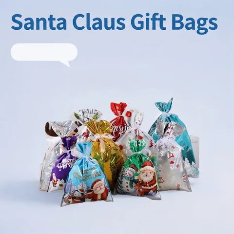 Sacchetti Regalo Di Natale Con Coulisse Plastica Nastro Fiocco Confezione Caramelle Bomboniere Babbo Natale Pupazzo Di Neve Cervo Stampato