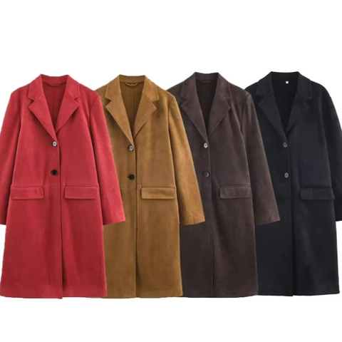 Manteau Femme Effet Daim Mi-Long Col Revers Simple Boutonnage Manches Longues Veste Avec Poches À Rabat Élégant Décontracté