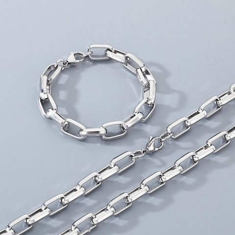 Stainless Steel Rectangular Geometric Chain Necklace And Bracelet Minimalist Fashion Jewelry For Men And Women