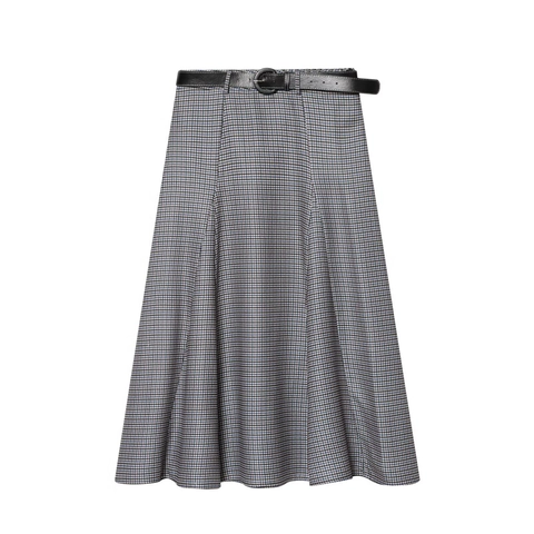 Houndstooth Karo Midirock Hohe Taille A-Linie Mit Ledergürtel Büro Dame Retro Lässig Damen Elegant Polyester