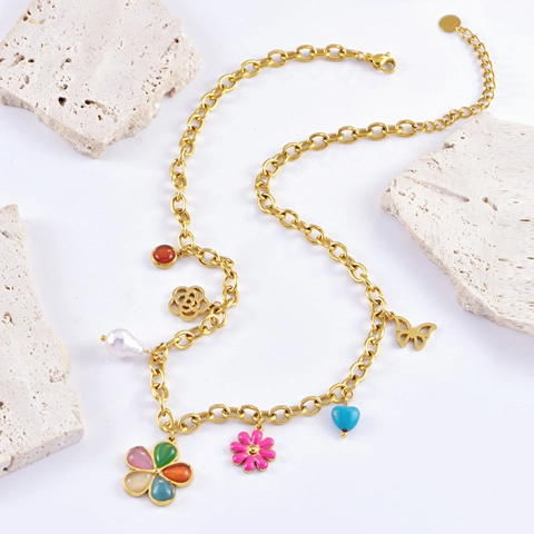 Collana Boema in Acciaio Inossidabile Vintage Francese con Pendenti Multipli da Donna Placcata in Oro Smalto Malocchio Farfalla Perla Artificiale Gioielli