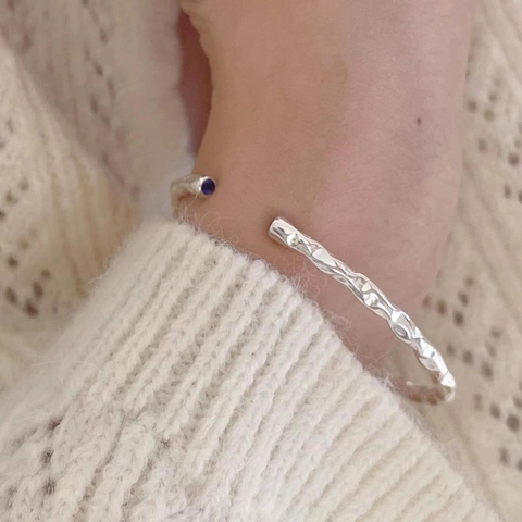 Bracciale Rigido In Argento Sterling 925 Con Trama Martellata Irregolare Pietra Blu Gioielli Minimalisti Aperti