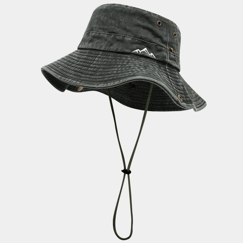 Washed Cotton Bucket Hat With Chin Strap Sun Protection Outdoor Hiking Fishing Mountain Embroidery Unisex Vintage