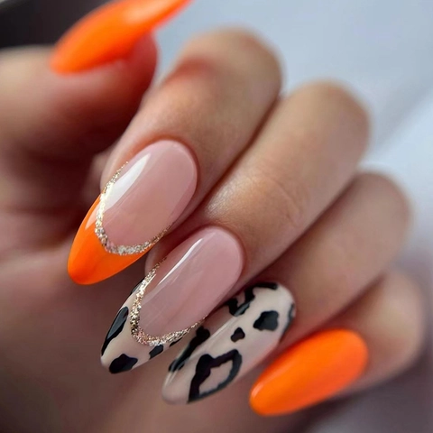 Press On Nails Orange Leopard Print Almond Shape French Gold Glitter Glossy Long Artificial Finger Nails For Women
